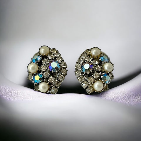 Vintage AB Topaz Rhinestones & Faux Pearls Clip-on Earrings