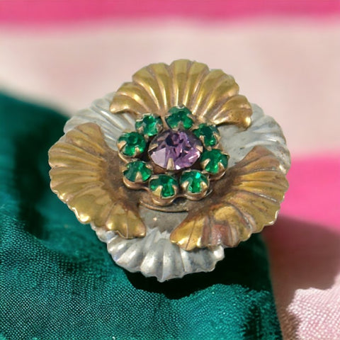 Vintage Amethyst and Emerald Rhinestones Floral Brooch