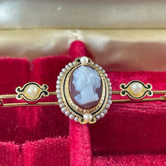 Rare Antique French 19th Century Hard Stone Cameo Natural Pearls Enamel 18K Gold Safety Pin Brooch