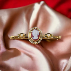 Rare Antique French 19th Century Hard Stone Cameo Natural Pearls Enamel 18K Gold Safety Pin Brooch