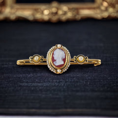 Rare Antique French 19th Century Hard Stone Cameo Natural Pearls Enamel 18K Gold Safety Pin Brooch