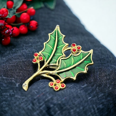 Vintage Beatrix Green Enamel &amp; Red Rhinestones Holly Christmas Brooch