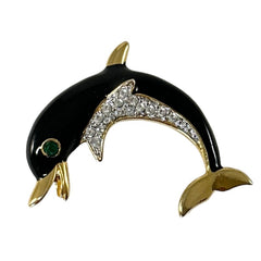 Vintage Black Enamel and Gold Tone Dolphin Brooch