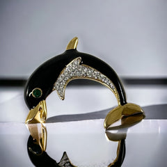 Vintage Black Enamel and Gold Tone Dolphin Brooch