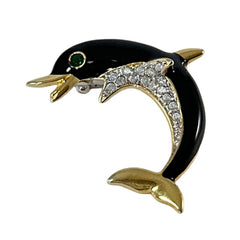 Vintage Black Enamel and Gold Tone Dolphin Brooch