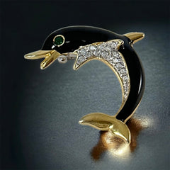 Vintage Black Enamel and Gold Tone Dolphin Brooch