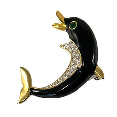 Vintage Black Enamel and Gold Tone Dolphin Brooch