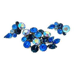 Vintage Sparkling Blue Rhinestones Leaf Brooch & Climber Earrings Jewelry Set