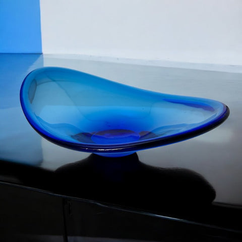 Vintage Cobalt Blue Scandinavian Art Glass Bowl | 1970s/80s Per Lütken Holmegaard Style Decorative Irregular Shaped Bowl | MCM Catchall