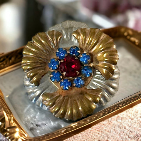 Vintage Blue and Red Rhinestones Floral Brooch