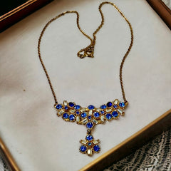 Vintage Sparkling Blue & Clear Rhinestone Lavaliere Pendant Necklace