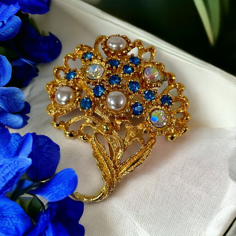 Vintage Sapphire Blue Rhinestone Floral Brooch