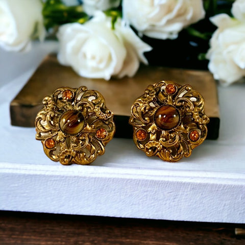 Vintage Brown Porphyry Glass and Rhinestone Clip-On Earrings