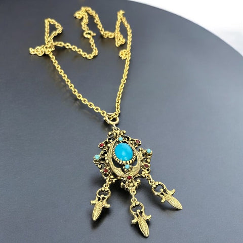 Vintage Celebrity NY Faux Turquoise Cabochon Pendant Chain Necklace | Faux Turquoise &amp; Siam Rhinestones Gold Tone Pendant with Dangles