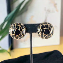 Vintage Ciner Geometric Black Enamel & Gold Tone Round Clip-on Earrings