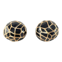 Vintage Ciner Geometric Black Enamel & Gold Tone Round Clip-on Earrings