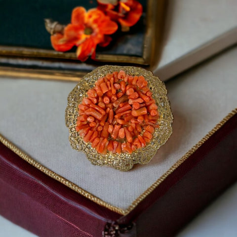 Vintage Czech Brass Filigree & Coral Branch Brooch