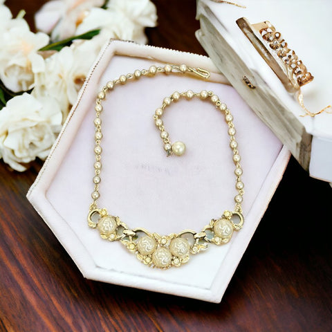 Vintage Coro Pegasus Cream Pearlized Lava Beads &amp; Faux Pearls Floral Necklace | 1950s Fashion Gold Tone Jewelry | Collectible Accessories