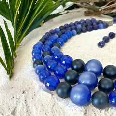 Vintage Dark Blue Moonglow Lucite & Plastic Bead 3-Strand Necklace