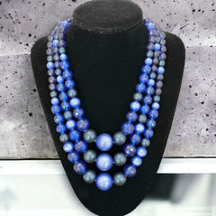 Vintage Dark Blue Moonglow Lucite & Plastic Bead 3-Strand Necklace