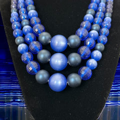 Vintage Dark Blue Moonglow Lucite & Plastic Bead 3-Strand Necklace