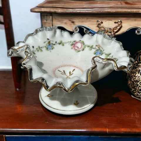 Rare Vintage Fenton Charleton Silver Crest Gold Trim Ruffled Crimped Edges Milk Glass Hand Painted Floral Décor Compote Dish 1950s