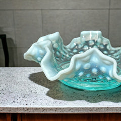 Vintage Fenton Light Aqua Blue Opalescent Hobnail Crimped Ruffled Edges Candy Dish