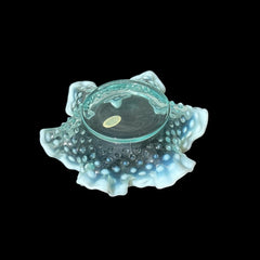 Vintage Fenton Light Aqua Blue Opalescent Hobnail Crimped Ruffled Edges Candy Dish