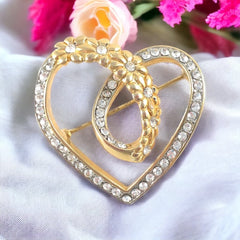 Vintage Pave Rhinestones Flower Heart Brooch