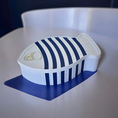 French Coastal Charm Fish-Shaped Tin Box | Blue and White Stripes Fish Metal Box