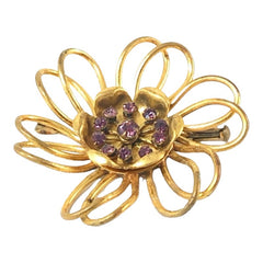 Vintage French Light Amethyst Rhinestones Gold Tone  Flower Brooch