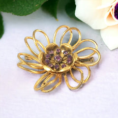 Vintage French Light Amethyst Rhinestones Gold Tone  Flower Brooch