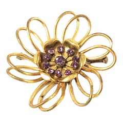 Vintage French Light Amethyst Rhinestones Gold Tone  Flower Brooch