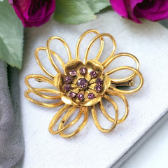 Vintage French Light Amethyst Rhinestones Gold Tone  Flower Brooch