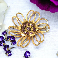 Vintage French Light Amethyst Rhinestones Gold Tone  Flower Brooch