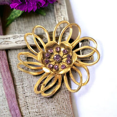 Vintage French Light Amethyst Rhinestones Gold Tone  Flower Brooch