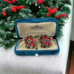 Vintage Red and Green Enamel Poinsettia Clip-on Earrings