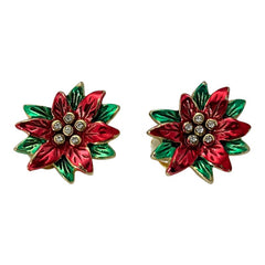 Vintage Red and Green Enamel Poinsettia Clip-on Earrings