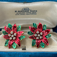 Vintage Red and Green Enamel Poinsettia Clip-on Earrings