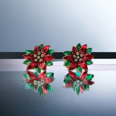 Vintage Red and Green Enamel Poinsettia Clip-on Earrings