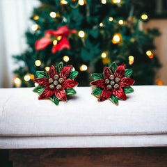 Vintage Red and Green Enamel Poinsettia Clip-on Earrings