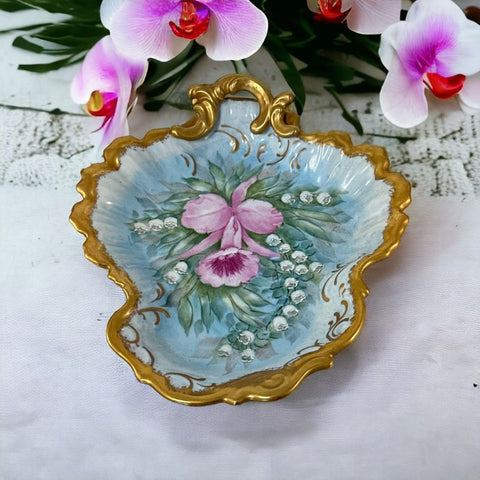 Vintage Mid-century Hand-Painted Pink Orchid Porcelain Candy Dish Signed BL