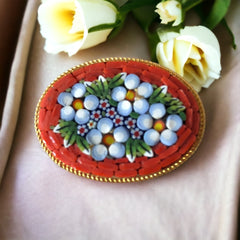 Vintage Italian Micro Mosaic Orange Floral Oval Brooch