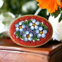 Vintage Italian Micro Mosaic Orange Floral Oval Brooch