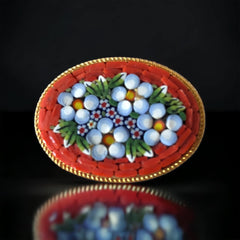 Vintage Italian Micro Mosaic Orange Floral Oval Brooch