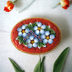 Vintage Italian Micro Mosaic Orange Floral Oval Brooch