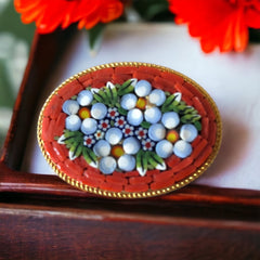 Vintage Italian Micro Mosaic Orange Floral Oval Brooch