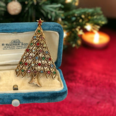 Vintage JJ Jonette 1970s Christmas Tree Brooch | Multicolor Rhinestones Gold Tone Holiday Pin | Holiday Gift Idea