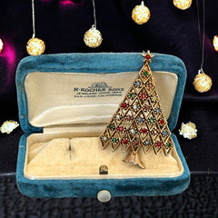 Vintage JJ Jonette 1970s Christmas Tree Brooch | Multicolor Rhinestones Gold Tone Holiday Pin | Holiday Gift Idea