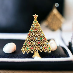 Vintage JJ Jonette 1970s Christmas Tree Brooch | Multicolor Rhinestones Gold Tone Holiday Pin | Holiday Gift Idea